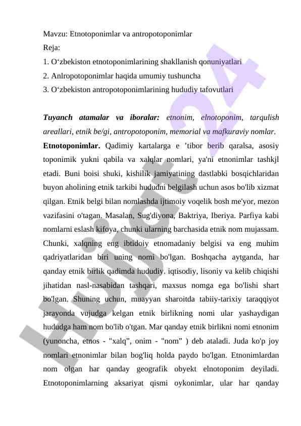 Etnotoponimlar va antropotoponimlar tahlili