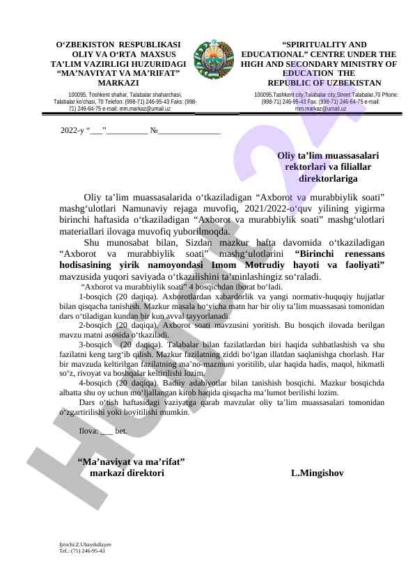 Axborot va murabbiylik soati mashg‘ulotlari rejasi