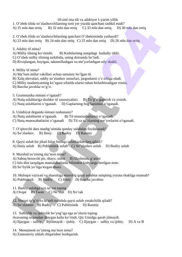 O‘zbekiston tili va adabiyot test savollari