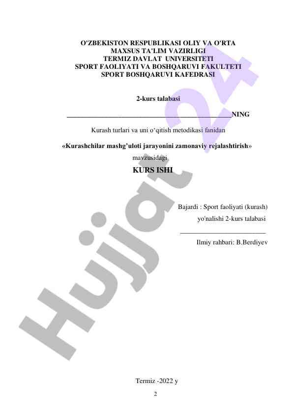 Kurashchilar mashg‘uloti jarayonini zamonaviy rejalashtirish