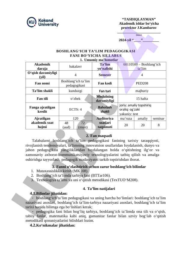 Boshlang‘ich ta’lim pedagogikasi fani bo‘yicha sillabus