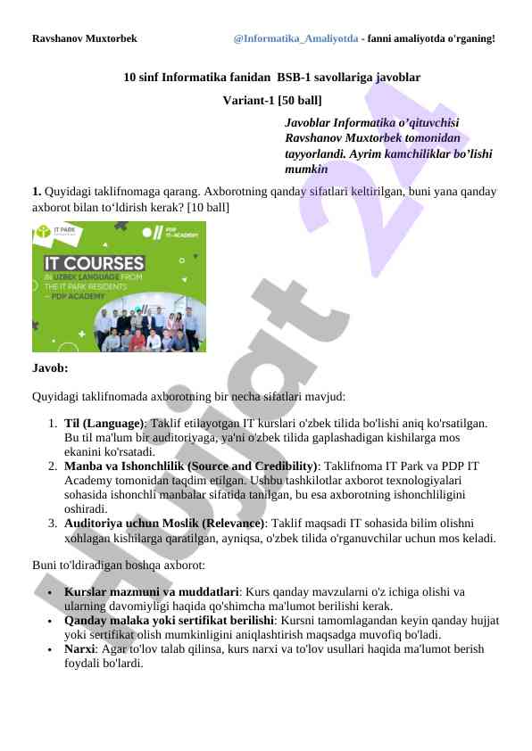 10 sinf informatika fanidan bsb-1 savollariga javoblar