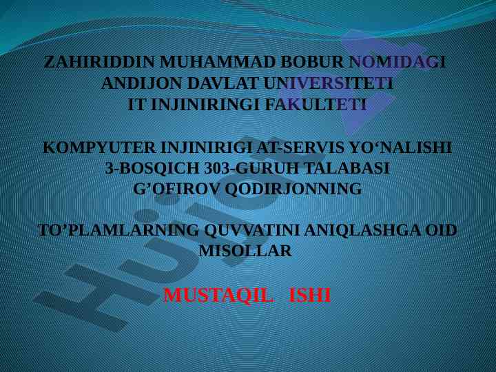 To‘plamlarning quvvatini aniqlashga oid misollar