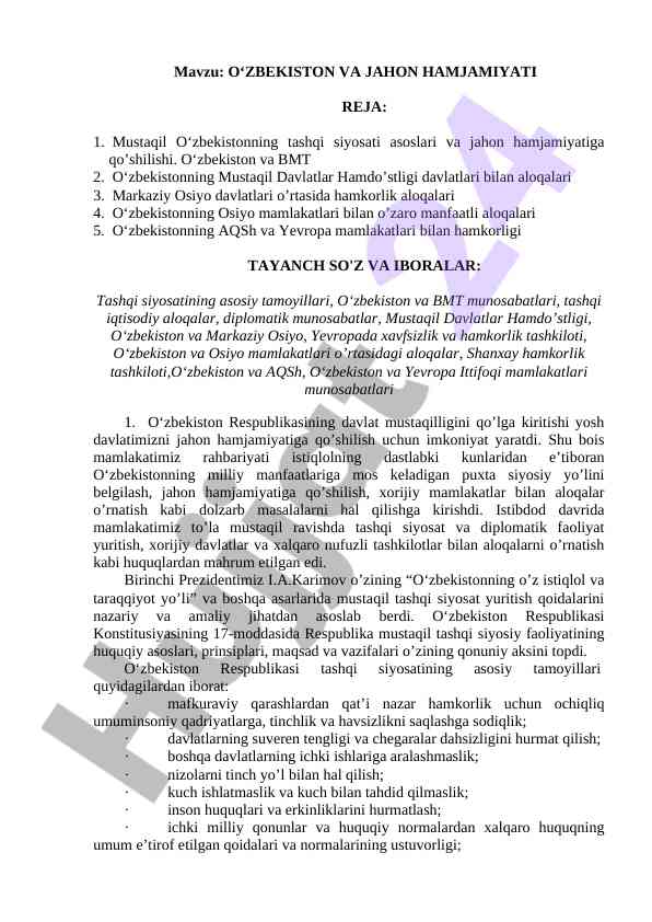 O‘zbekiston va jahon hamjamiyati tashqi siyosati