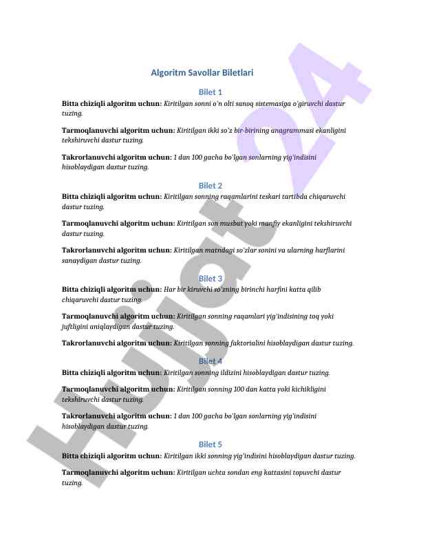 Algoritm savollar biletlari