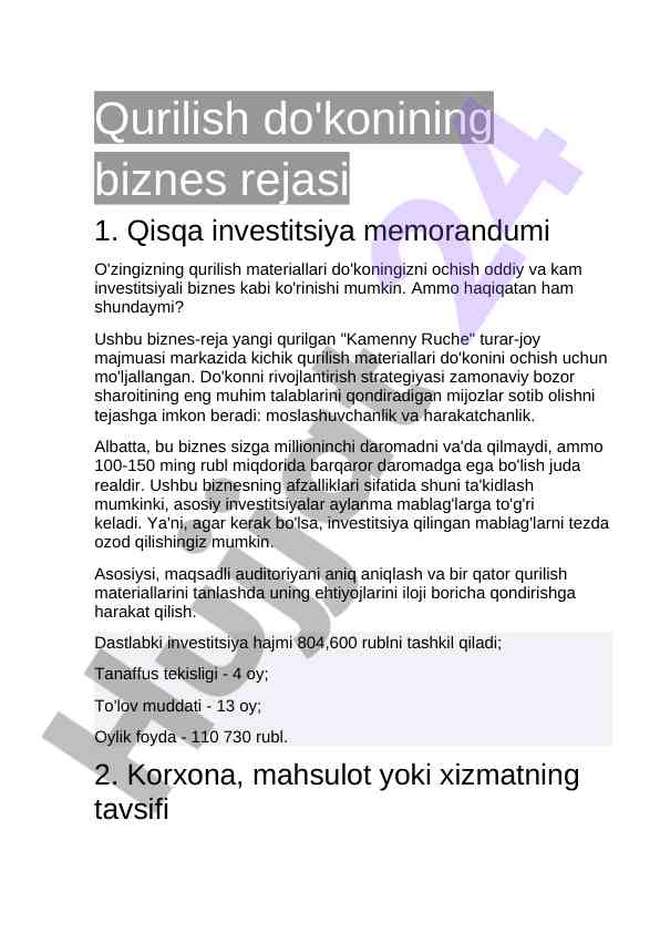 Qurilish do'konining biznes rejasi tahlili