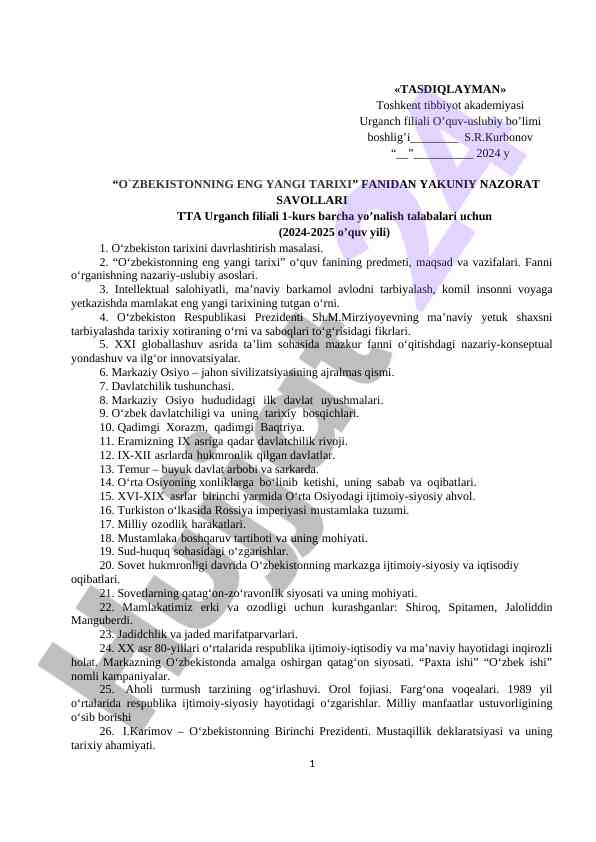 O‘zbekistonning eng yangi tarixi fanidan qaytish savollari