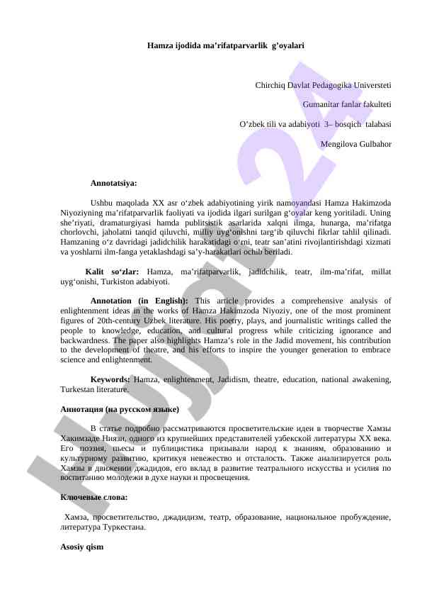 Hamza ijodida ma’rifatparvarlik g’oyalari tahlili