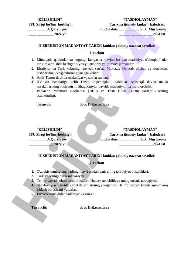 O‘zbekiston madaniyat tarixi yakuniy nazorat savollari