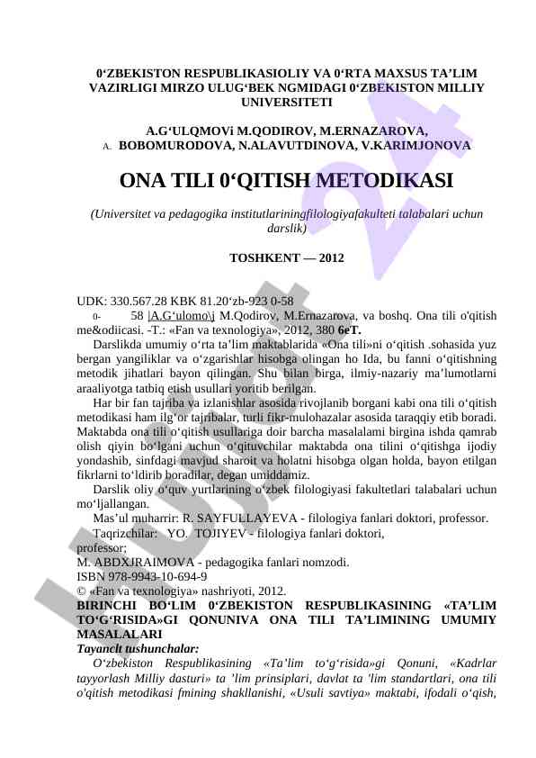 Ona tili o'qitish metodikasi darslik