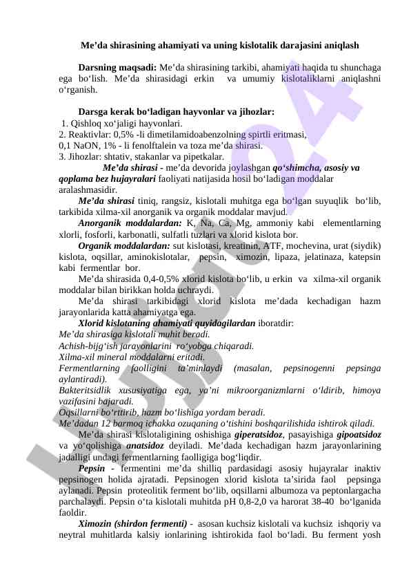 Me’da shirasining ahamiyati va kislotalik darajasini aniqlash