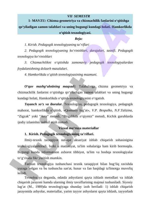 Chizma geometriya va chizmachilik fanlari o‘qitish