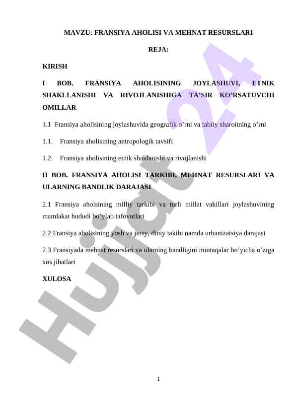 Fransiya aholisi va mehnat resurslari tahlili