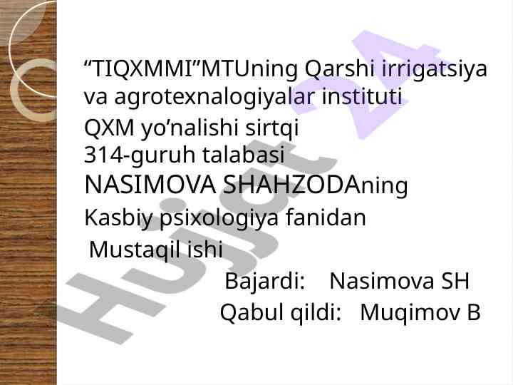Boshqaruv psixologiyasi masalalari bo'yicha mustaqil ish