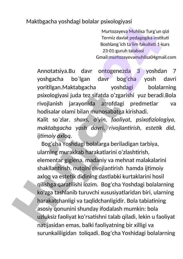Maktabgacha yoshdagi bolalar psixologiyasi tahlili
