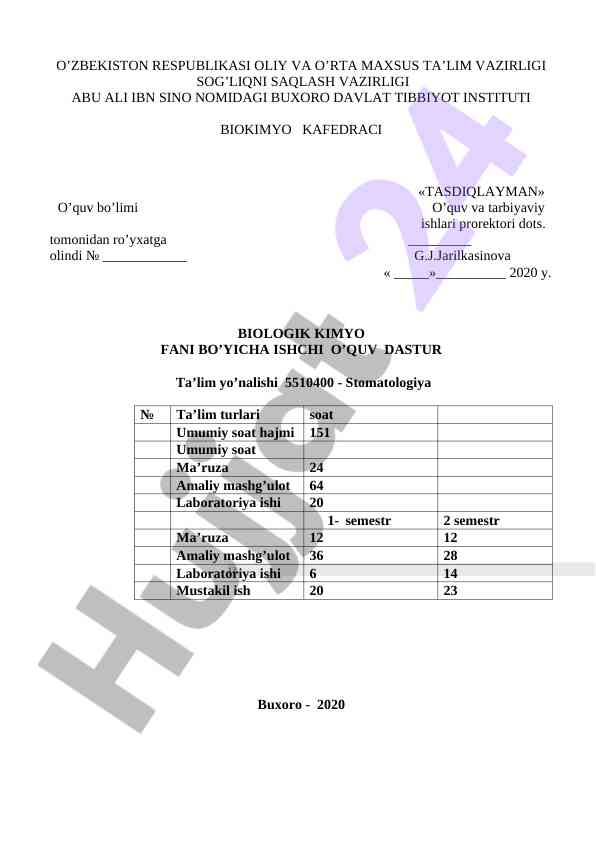 Biologik kimyo faniga asoslangan o'quv dasturi