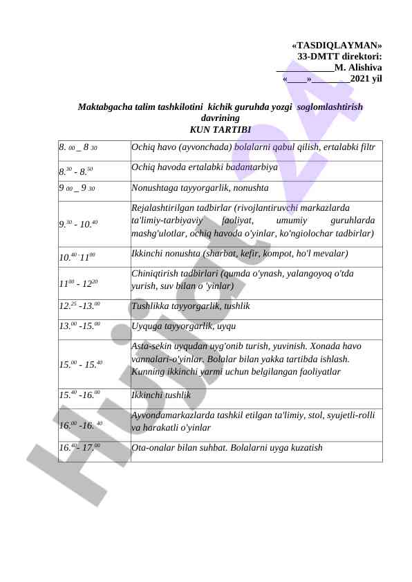 Maktabgacha ta'lim tashkilotida kun tartibi