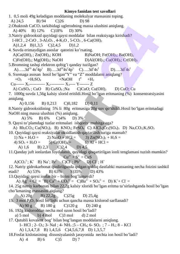 Kimyo fanidan test savollari bilan mavzular