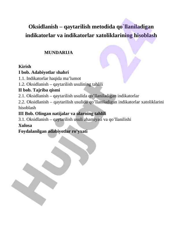 Oksidlanish – Qaytarilish Metodi Indikatorlari