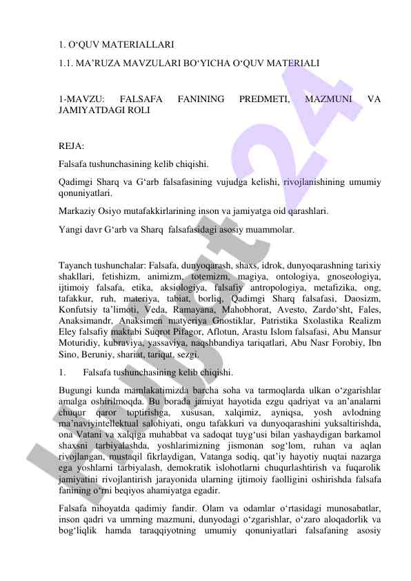Falsafa fanining ma’ruzalariga o‘quv materiallari