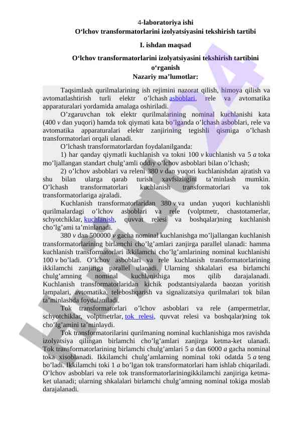 O‘lchov transformatorlarini izolyatsiyasini tekshirish