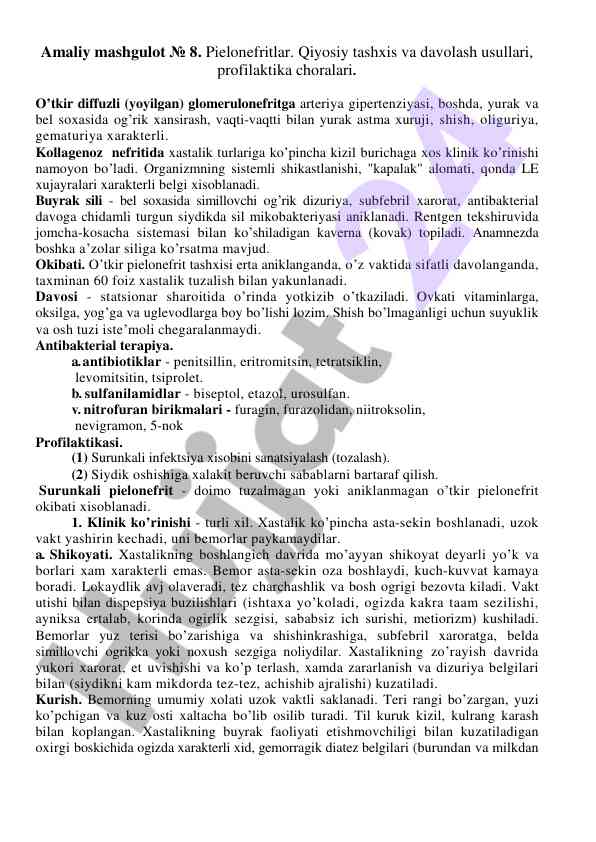 Pielonefritlar tashhisi va davolash usullari