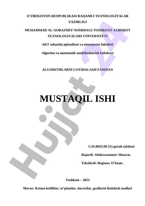 Algoritmlar va matematik modellashtirish kursi mustaqil ish