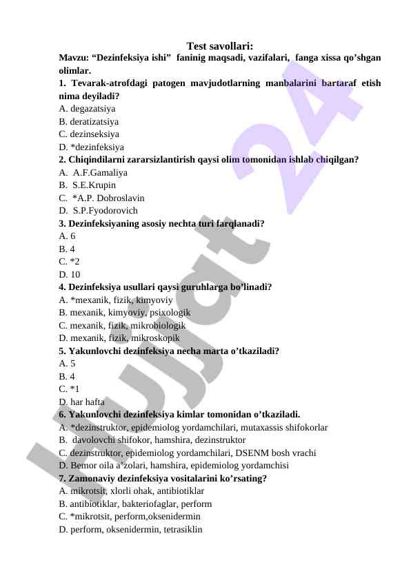 Dezinfeksiya ishi savollari va javoblari