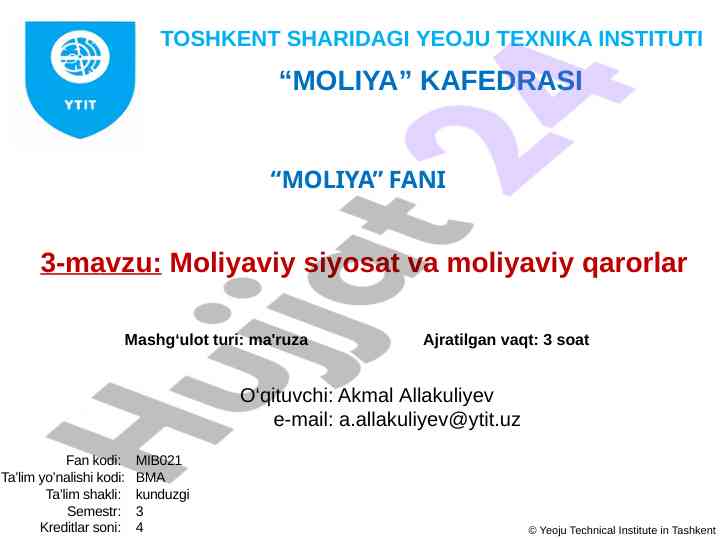 Moliyaviy siyosat va qarorlar o‘rganish darsligi