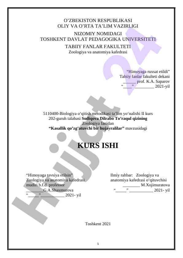 Zoologiya kurs ishida kasallik qo'zg'atuvchi hujayralar