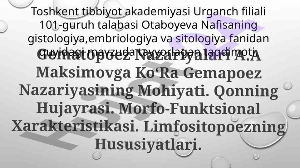 Gematopoez nazariyalari va limfositopoez