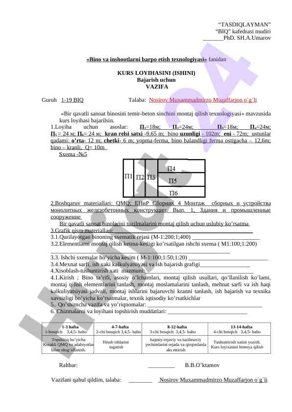 Kurs loyihasi bino va inshootlarni barpo etish