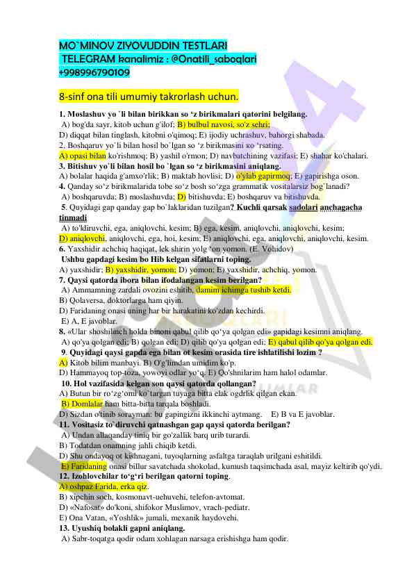 8-sinf ona tili takrorlash testlari
