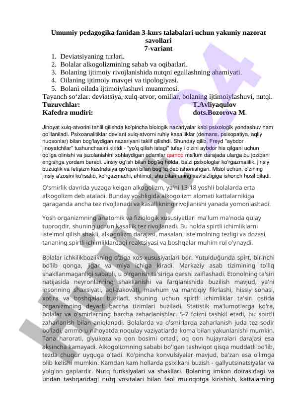 Pedagogika fanidan yakuniy nazorat savollari