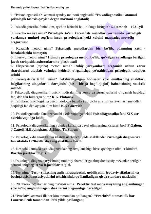 Umumiy psixodiagnostika fanidan oraliq test