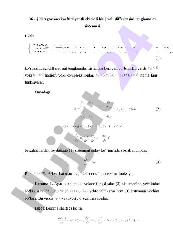 O‘zgarmas koeffitsiyentli chiziqli bir jinsli diferensial tenglamalar