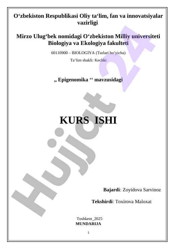Epigenomika mavzusidagi kurs ishining tahlili
