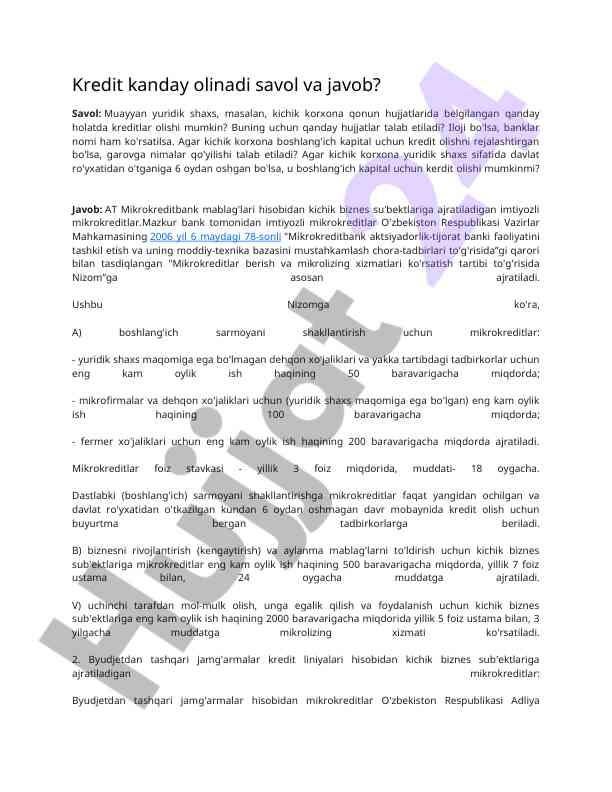 Kredit olish tartibi va talablari
