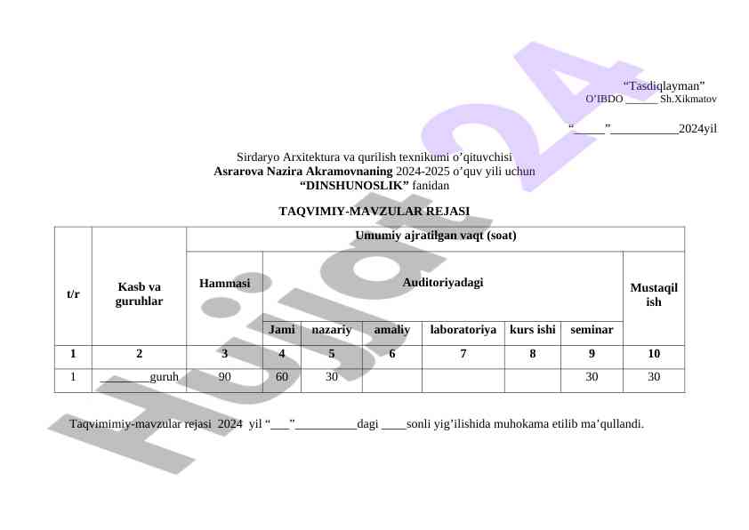 Dinshunoslik fanidan ta'lim rejasi 2024-2025
