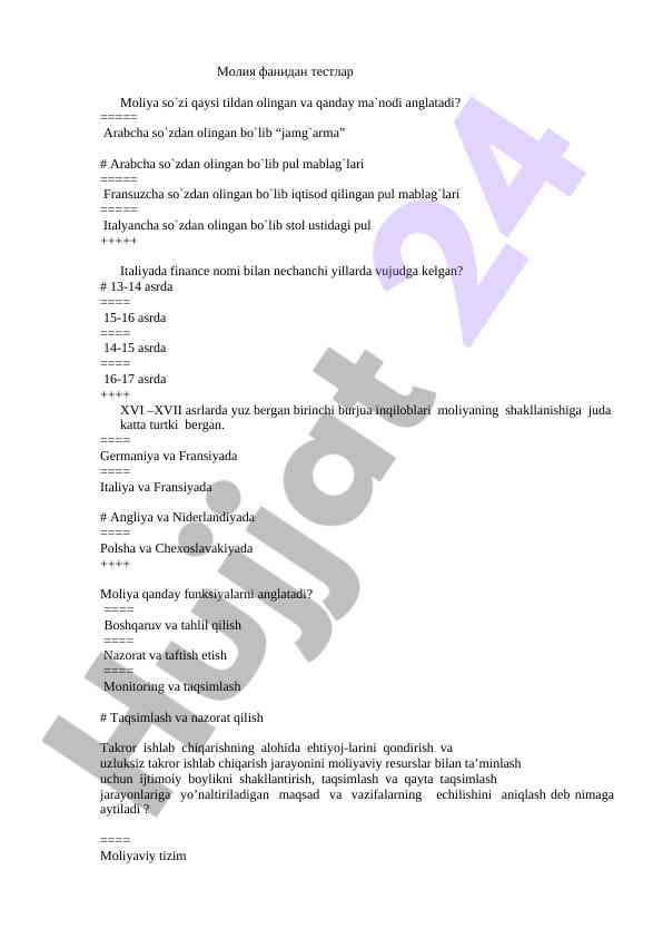 Moliya fanidan testlar va savollar