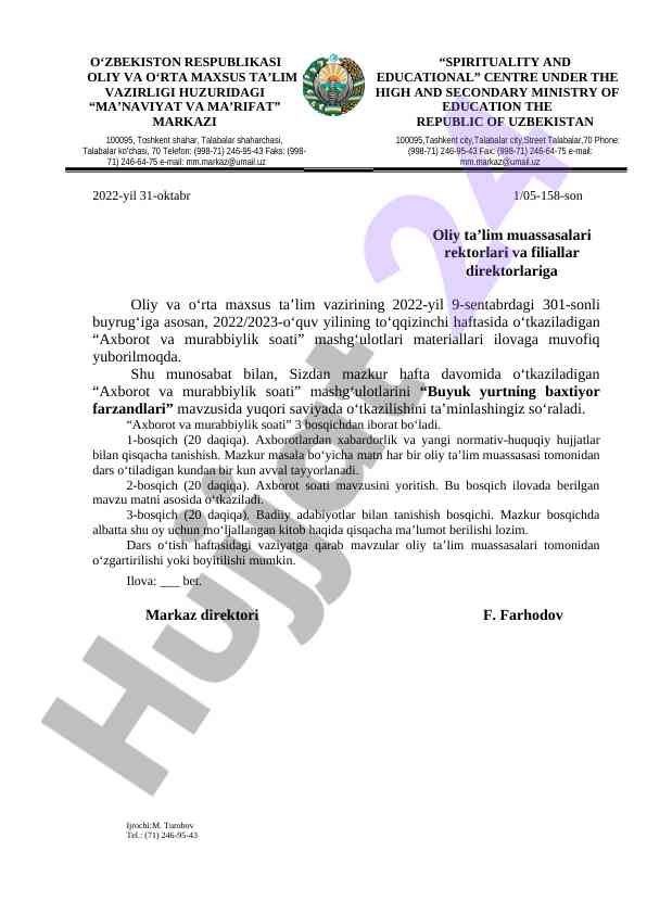 Axborot va murabbiylik soati mashg‘ulotlari