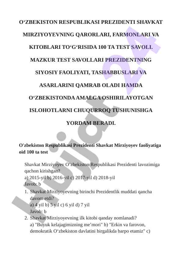 O‘zbekiston respublikasi prezidenti shavkat mirziyoyev testlar