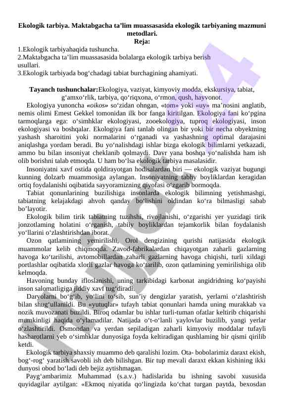 Ekologik tarbiya metodlari maktabgacha ta'limda