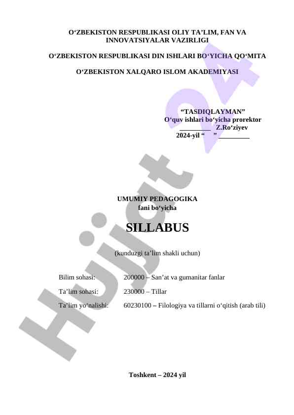 UMUMIY PEDAGOGIKA FANI BO‘YICHA SILLABUS
