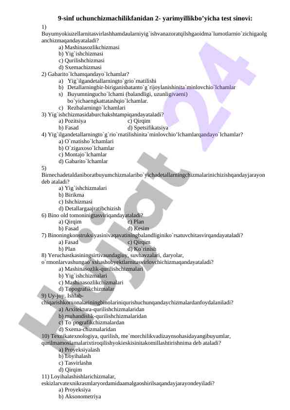 Test sinovi uchun 9-sinf uchunchizmachilik fani