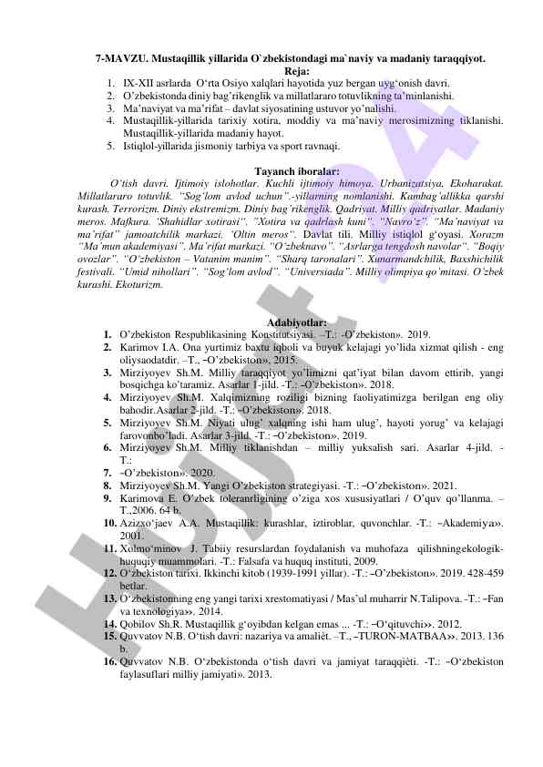 Mustaqillik yillarida o'zbekistondagi ma'naviy taraqqiyot