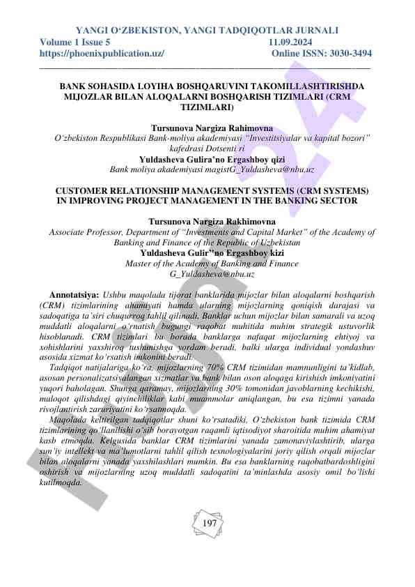 Crm tizimlari bilan bank sohasida loyiha boshqaruvi