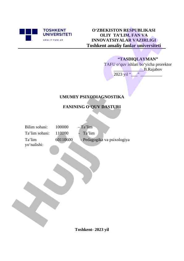 Umumiy psixodiagnostika fanining o‘quv dasturi