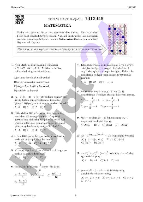 Matematika test varianti raqami 1913946