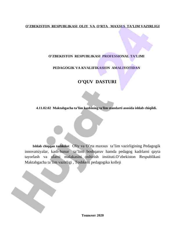 Maktabgacha ta’lim kasbining ta'lim standarti dasturi